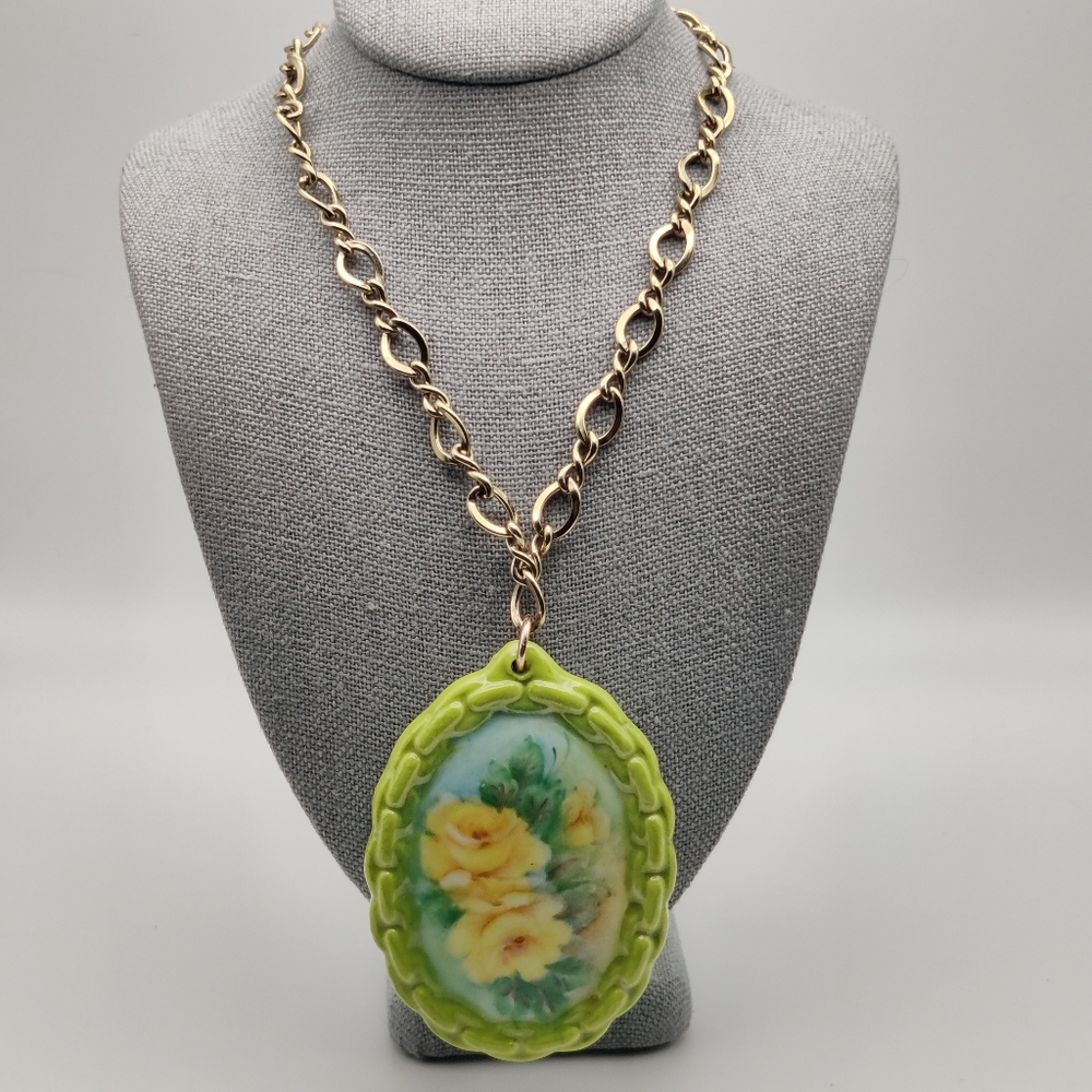 Painted Ceramic Cameo Style Flower Pendant Necklace